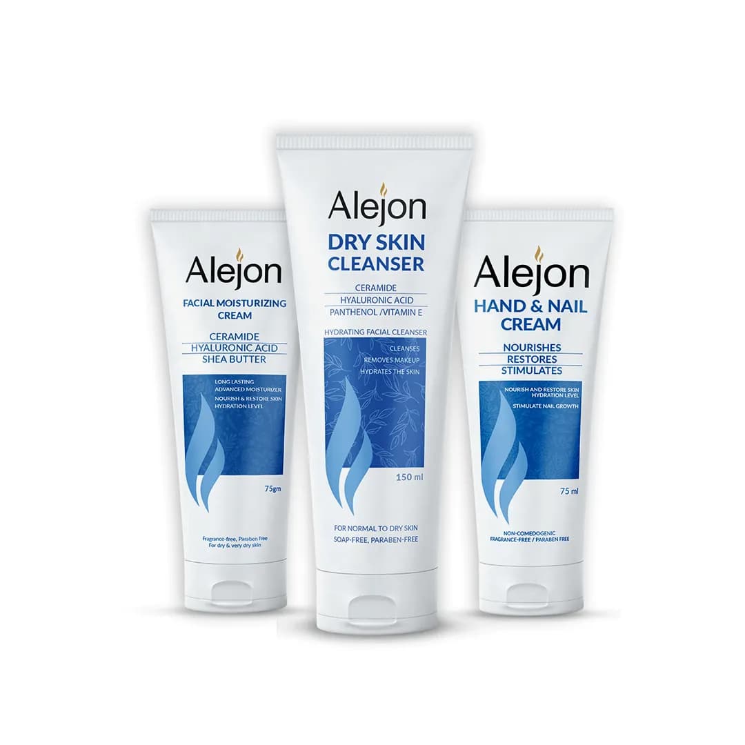 باقة Alejon Dry Skin Hydration Lock Kit: سيروم 50ml، كريم 100ml، ماسك 250ml، واقي شمسي SPF50+ 1+1، 3 درجات لون، 2 رائحة
